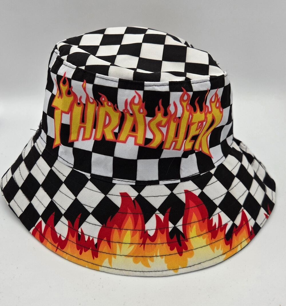 Thrasher Magazine Checkerboard Flame Bucket Hat Black White Checker Skater Cap